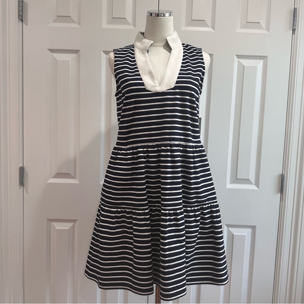 NWT Eliza J Navy White Sleeveless Fit & Flare Dress Shirt Collar Sundress Size S